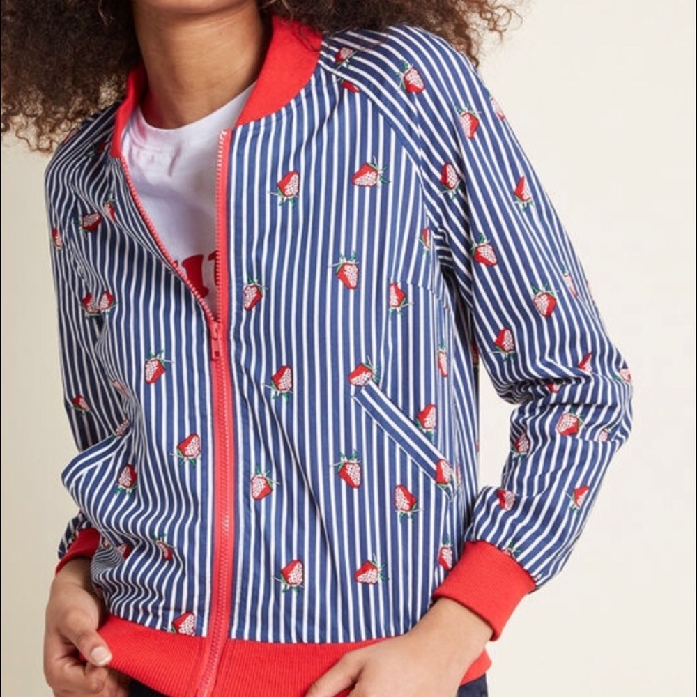 ModCloth Strawberry Bomber Jacket